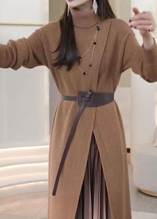 Khaki Hign Neck Patchwork Front Side Open Knit Knit Dress Winter