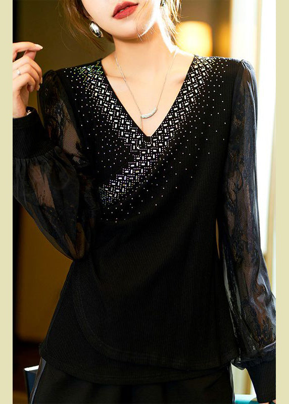 Black Zircon Lace Patchwork Cotton Knit Top Long Sleeve