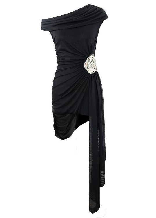 French Black Asymmetrical Zircon Mid Dress Summer