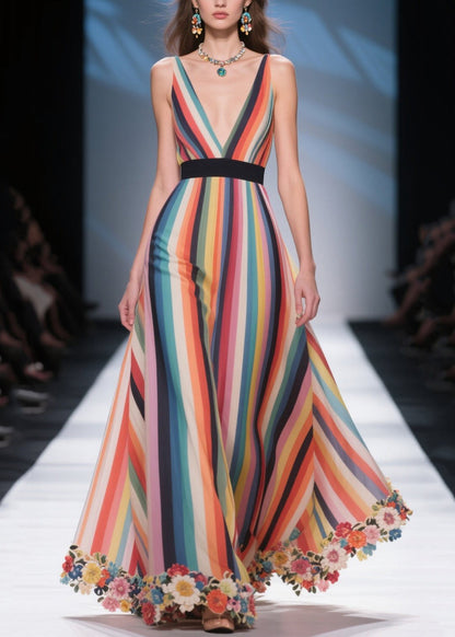 Rainbow Striped Patchwork Flower Chiffon Tunic Dress Summer