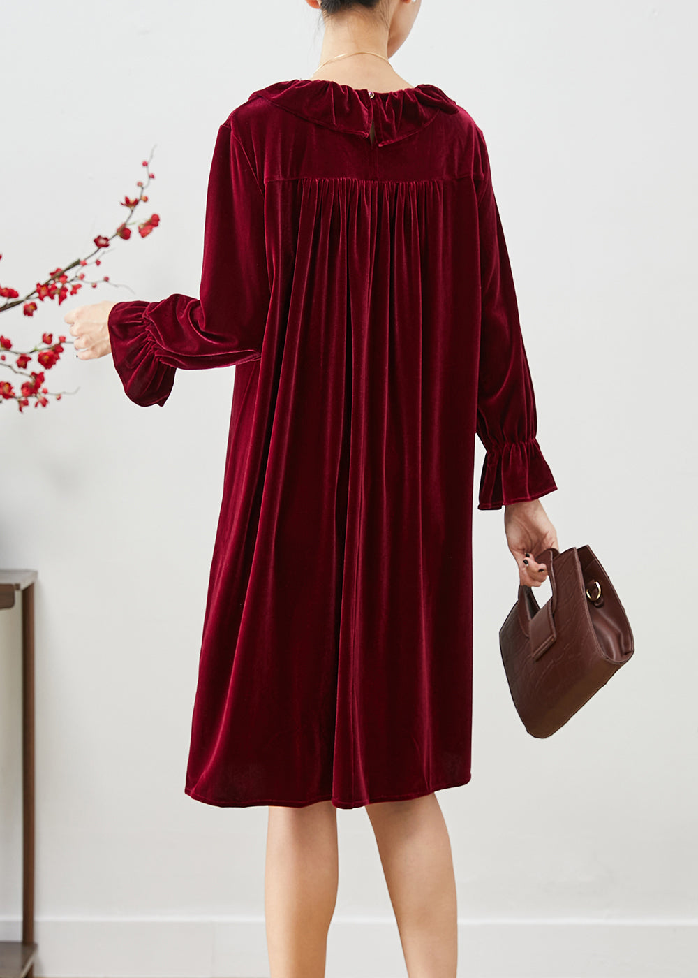 Mulberry Ruffled Wrinkled Silk Velour Robe Dresses Fall