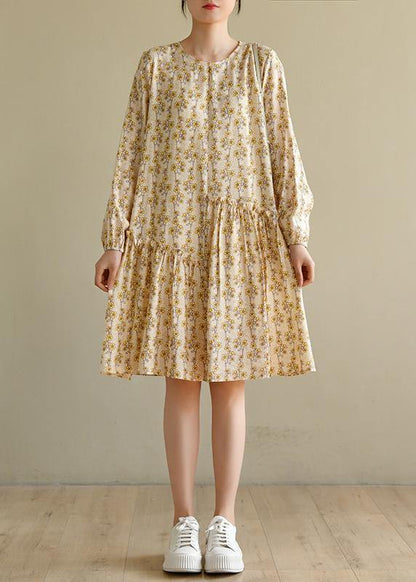 Art Beige Print Cotton Asymmetrical Design Summer Work Dress