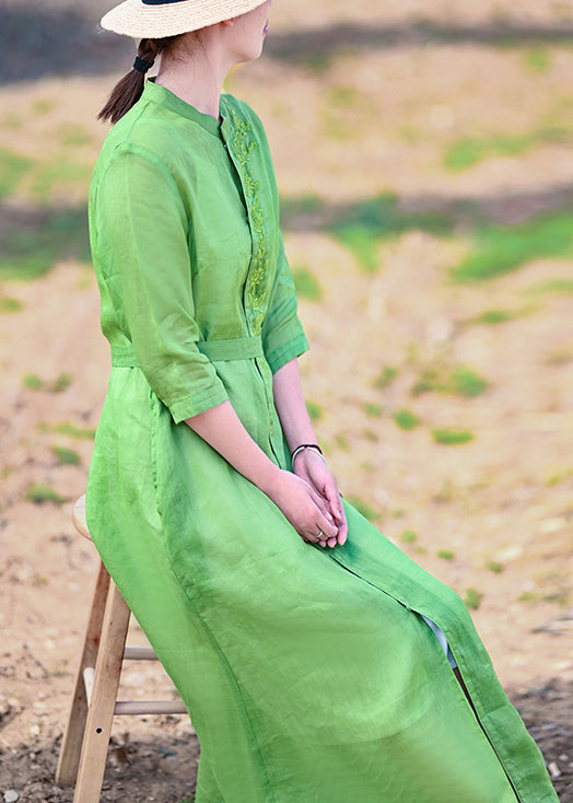 Fine Green Stand Collar Tie Waist Embroideried Linen Party Dress Half Sleeve