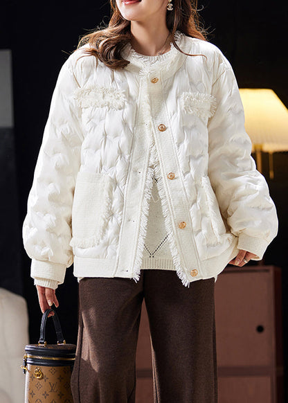 Beige Button Pockets Patchwork Duck Down Coat Long Sleeve