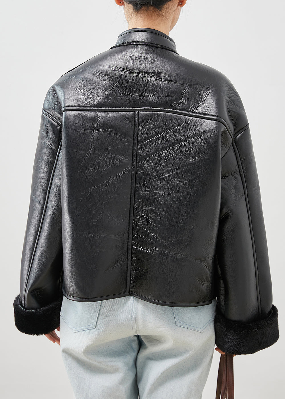 Art Black Embroideried Warm Fleece Faux Leather Coat Winter