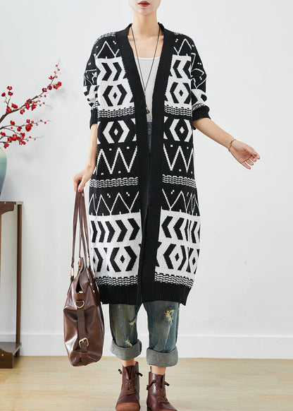 Black Oversized Print Knit Long Cardigans Fall