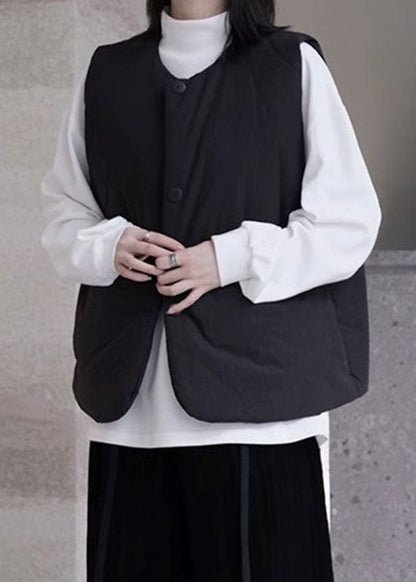 Organic Black O-neck Pockets Button Thick Warm Waistcoat Winter