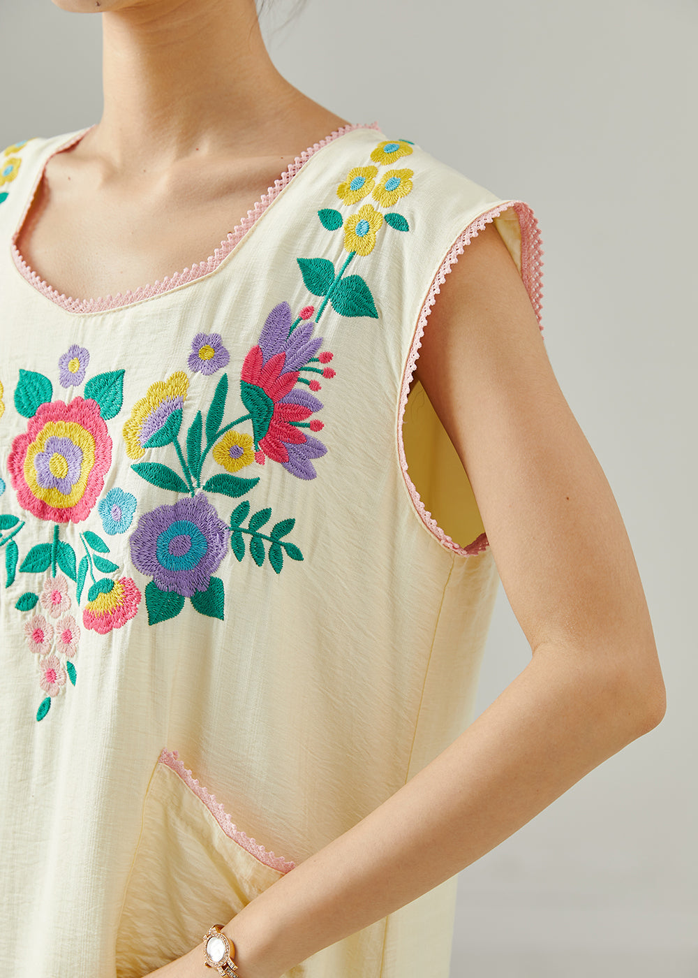 Apricot Embroidered Cotton Long Dress Sleeveless