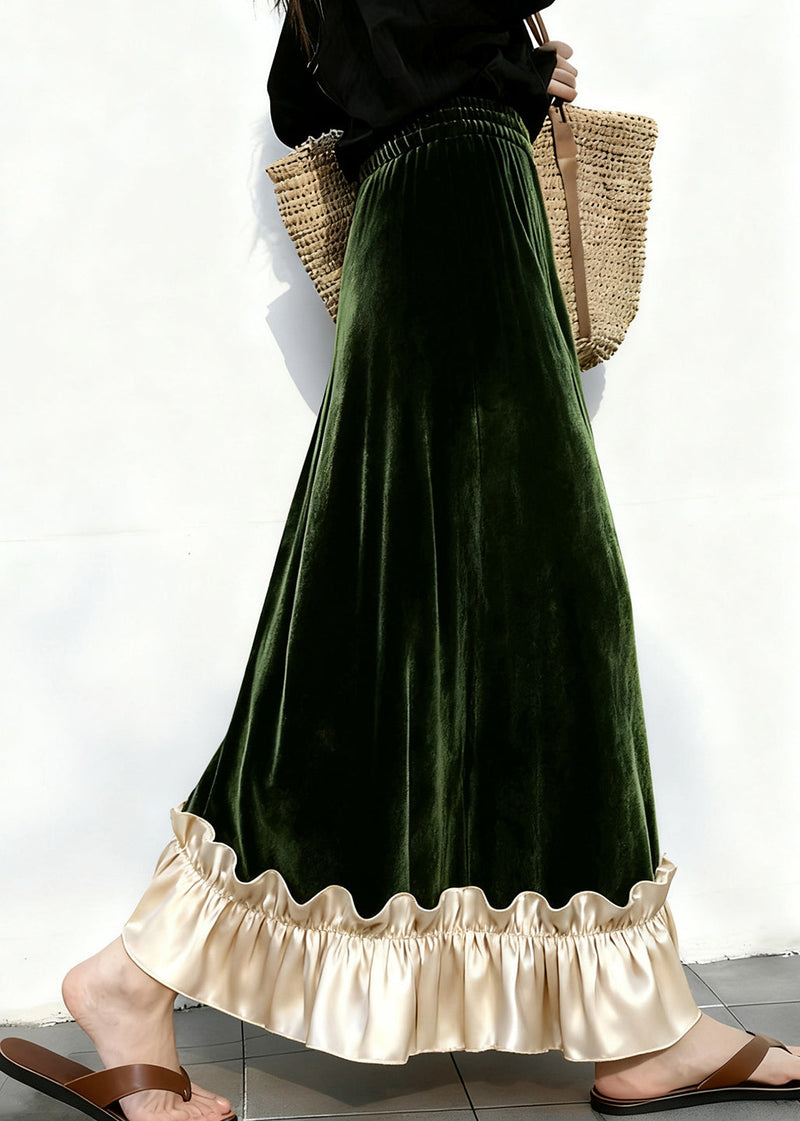 Ruffled Elastic Waist Patchwork Velour Skirt Winter