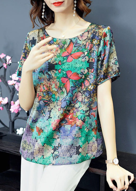Green O-neck Butterfly Print Satin Top Short Sleeve