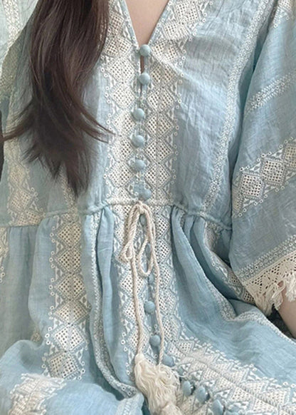 Blue Embroideried Patchwork Cotton Vacation Dresses Summer