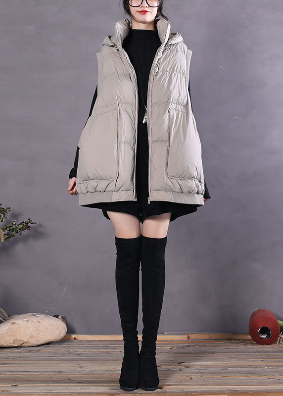 Style Light Grey Hooded Pockets Sleeveless Down Vest