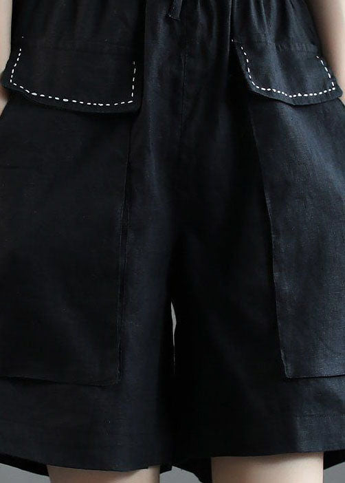Black Pockets Patchwork Linen Shorts Summer