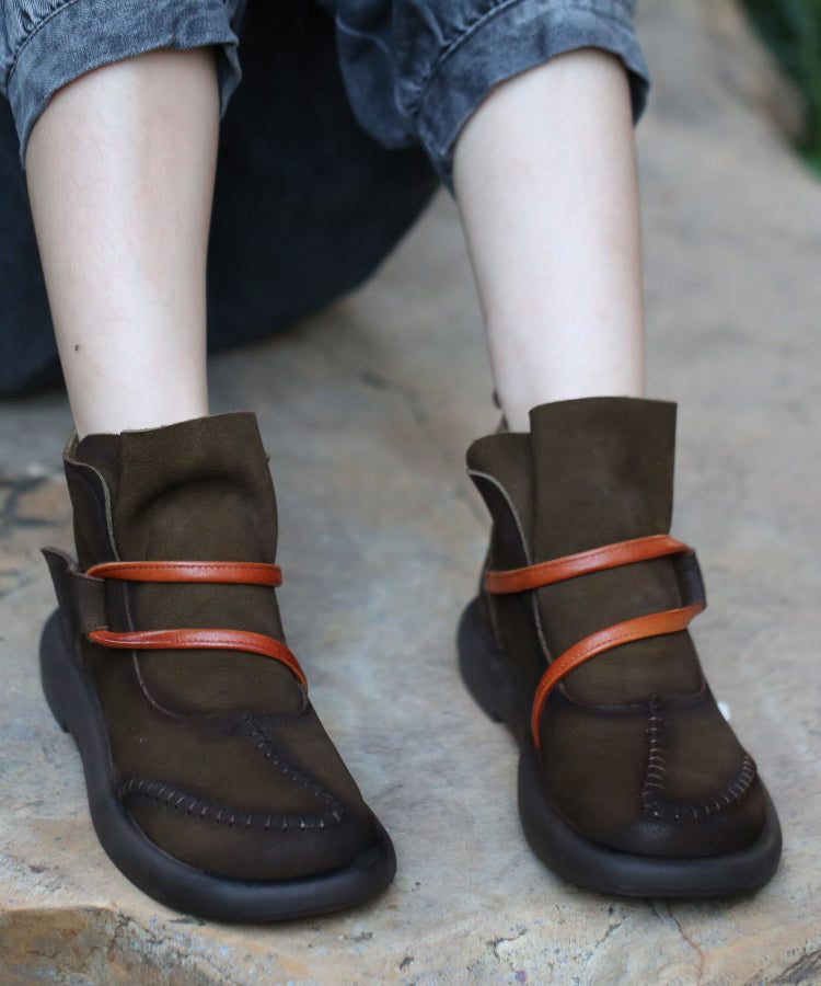 Comfy Brown Cowhide Splicing Cross Strap Leather Boots