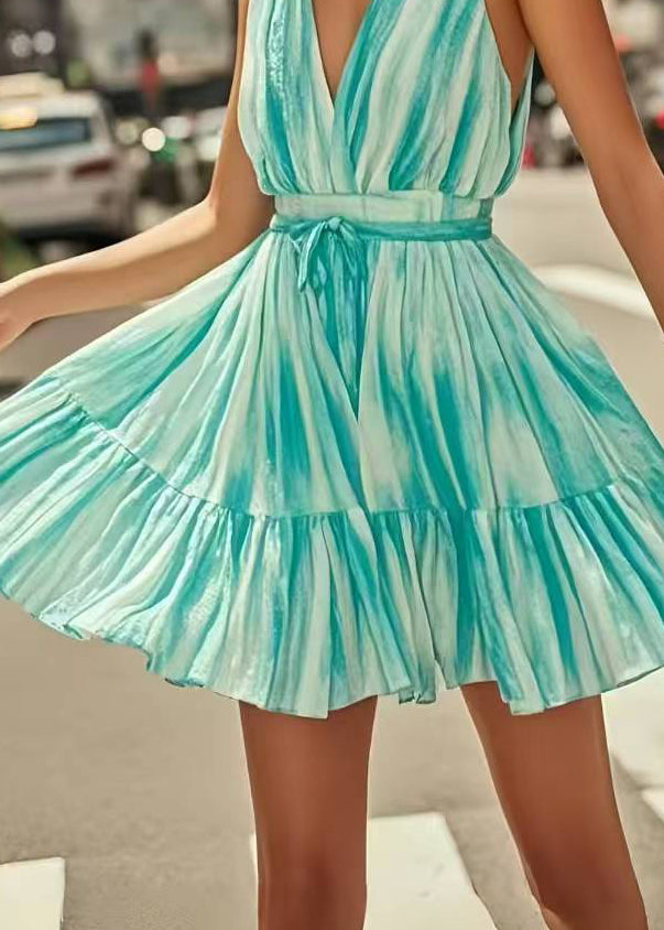 Blue Tie Dye Tie Waist Chiffon Mini Dress Summer