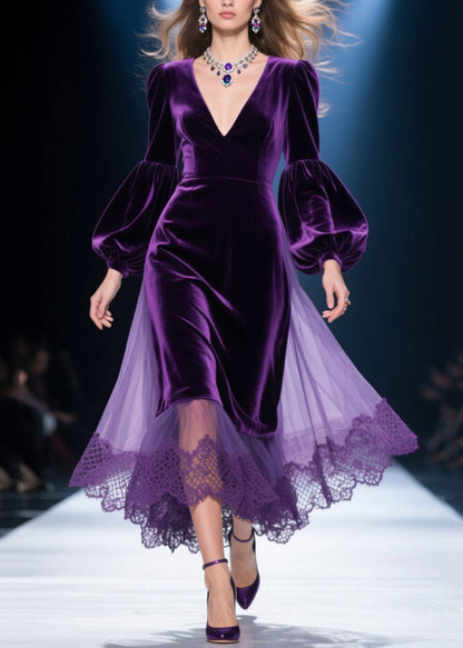 Purple V Neck Lace Tulle Patchwork Velvet Dress Fall