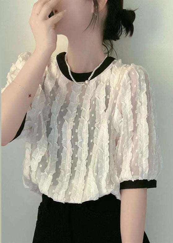 Apricot O-neck Ruffled Patchwork Chiffon Shirt Summer