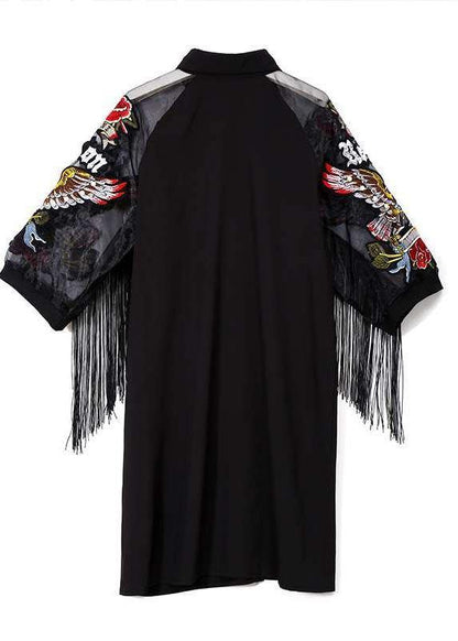 New Woman Black Shirt Embroidery Fringe Dress