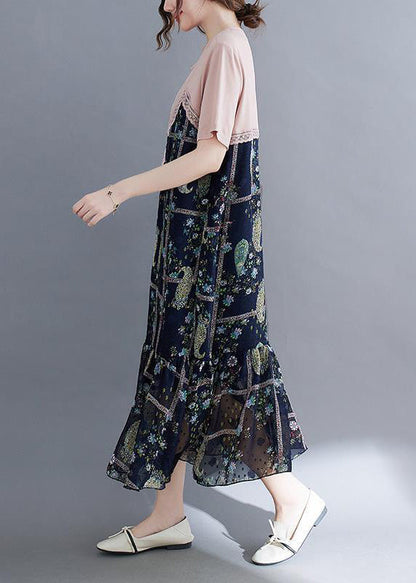 Art Colorblock O-neck Patchwork Ruffles Cotton Dresses Summer