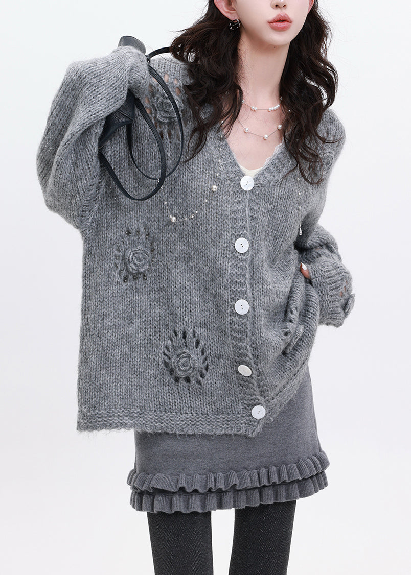 Grey Stereoscopic Knit Loose Coat Oversized Winter
