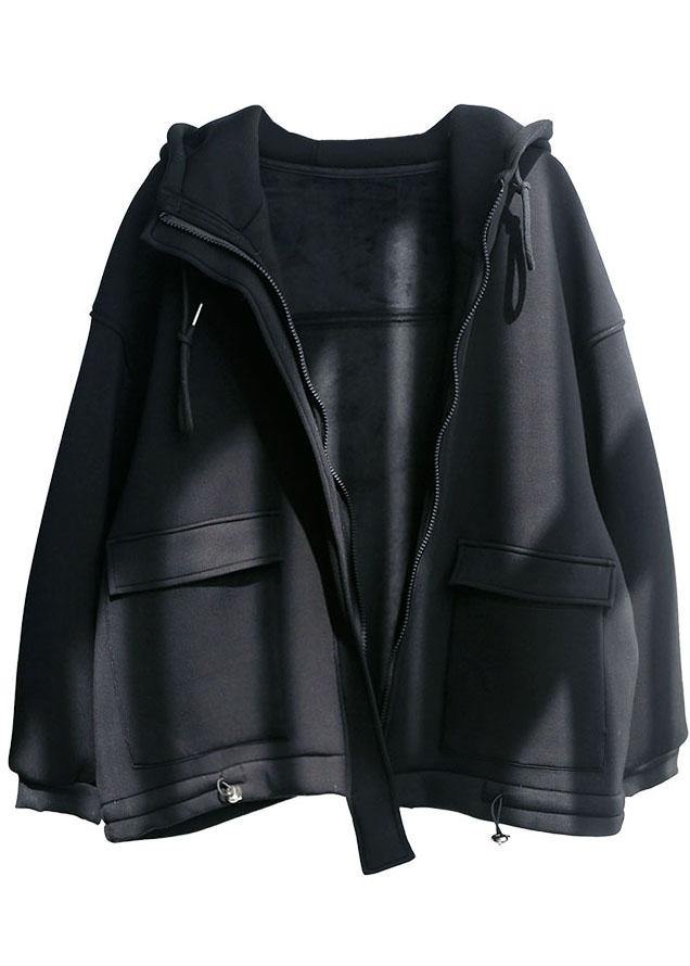Organic Black Loose Zippered Pockets Fall Hoodie Coat Long Sleeve