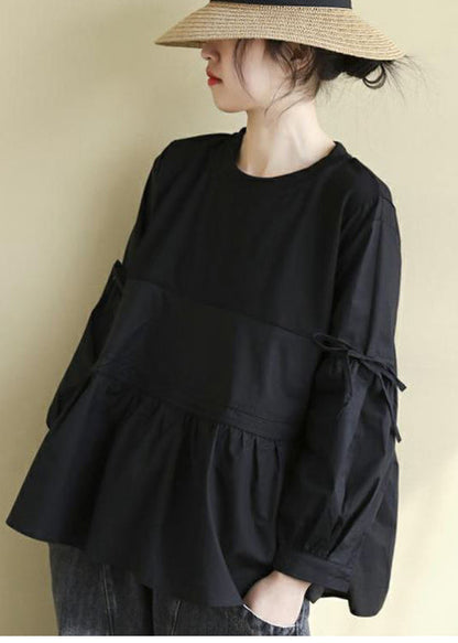 Black O-neck Low High Design Cotton Tops Long Sleeve