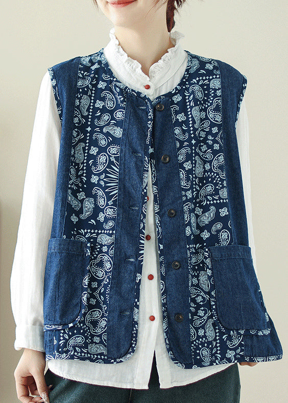 Unique Denim Blue O-neck Print Pockets Waistcoat Spring