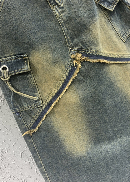 Fitted Blue High Waist Design Pockets Patchwork Denim Skirts Spring
