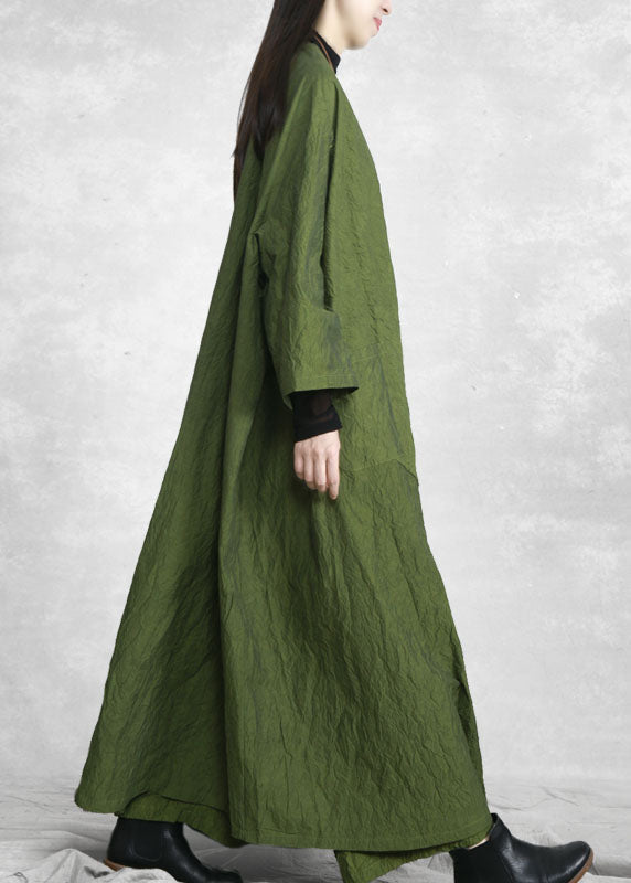 Green V Neck Pockets Trench Coats and Wide Leg Pants Two Pieces Set Spring