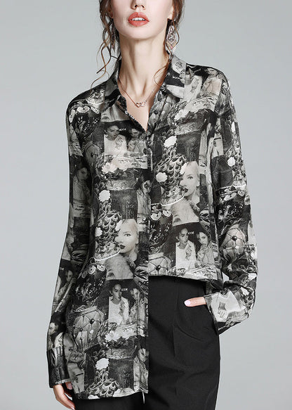 Black Peter Pan Collar Print Button Silk Shirt Long Sleeve