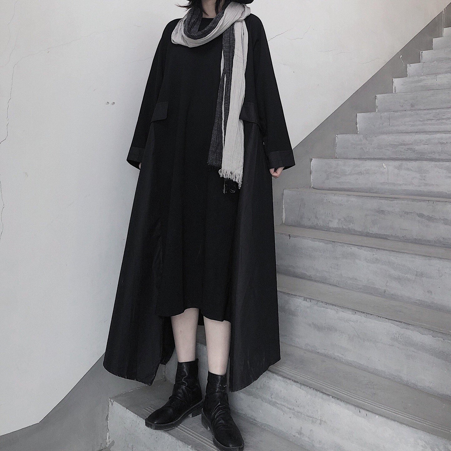French Black Tunics O Neck Asymmetric a Line Spring Dress