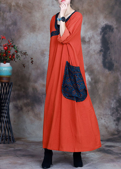 Orange V Neck Pockets Print Fall Long Sleeve Dresses