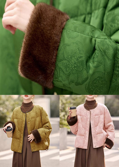 Pink Pockets Drawstring Patchwork Down Coats O Neck