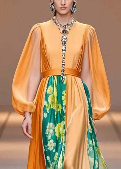 Orange Cinched Patchwork Silk Party Dress Lantern Sleeve