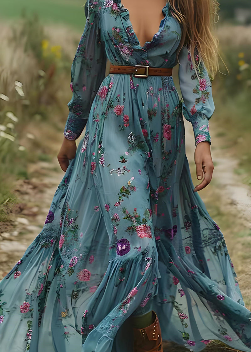 Blue Ruffled Print Patchwork Chiffon Long Dress Spring