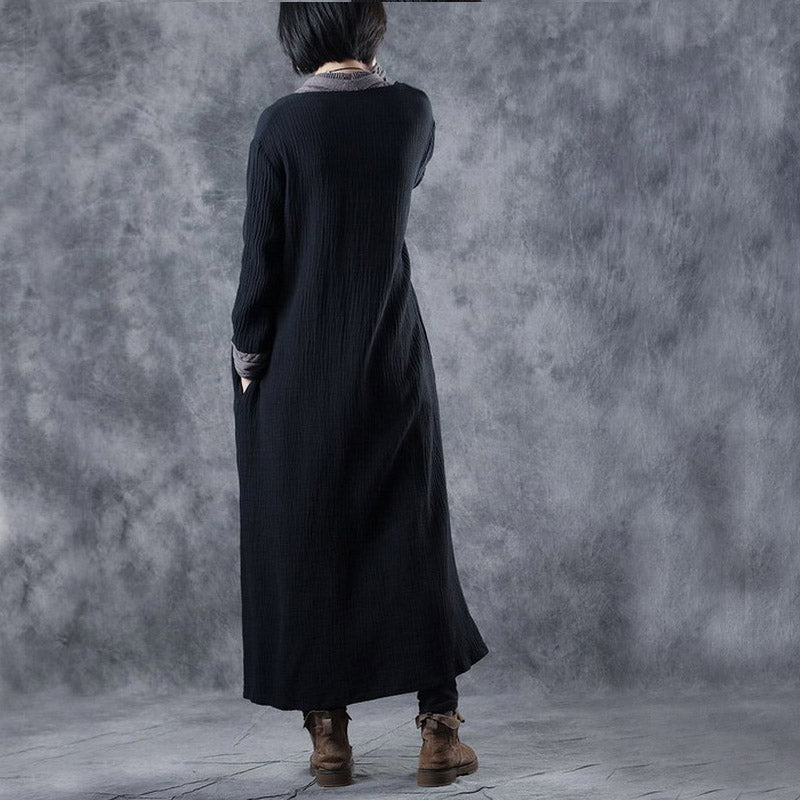 Black V Neck Patchwork Pockets Fall Dresses Long Sleeve
