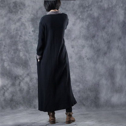 Black Grey V Neck Pockets Patchwork Fall Knit Long Sleeve Dress