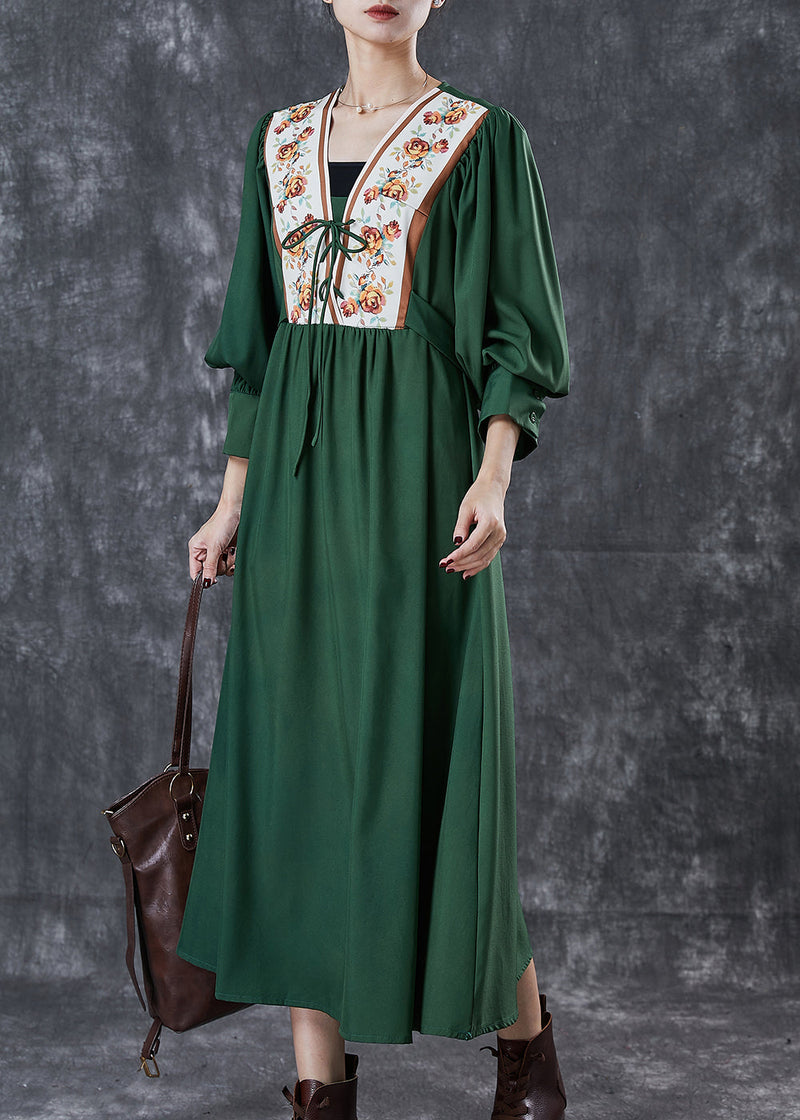Green Cinched Patchwork Lace Up Cotton Dresses Spring