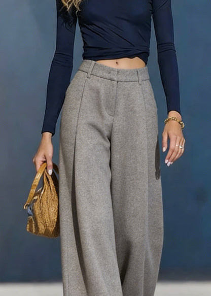 Grey Pockets Woolen Wide Leg Pants Spring