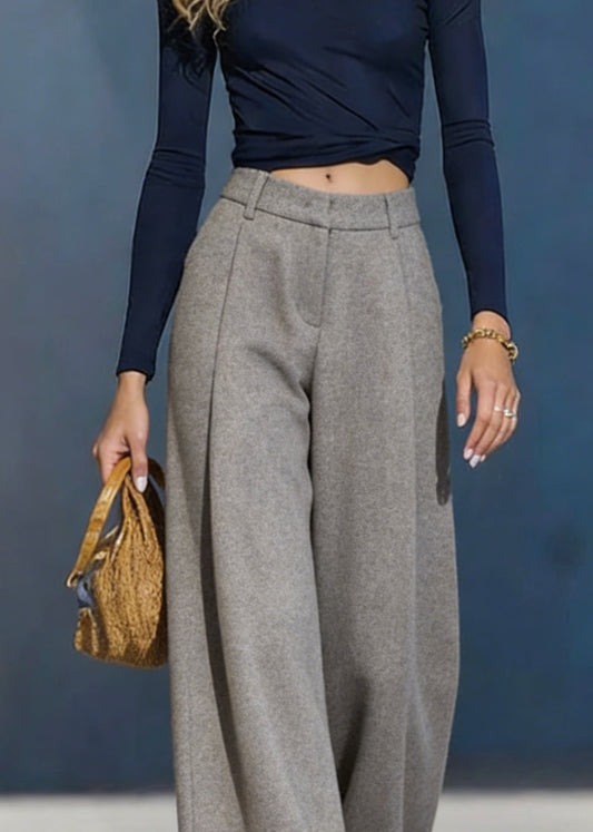 Grey Pockets Woolen Wide Leg Pants Spring