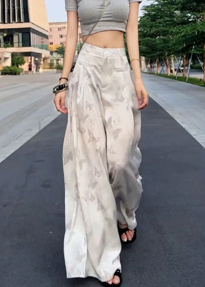 Loose White Print High Waist Ice Silk Wide Leg Pants Summer