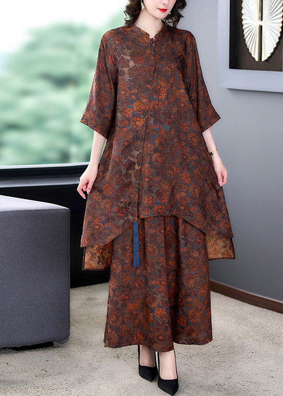 Stand Collar Print Low High Design Long Top and Wide Leg Pants Two Pieces Set Summer