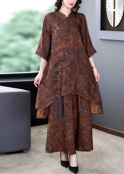 Stand Collar Print Low High Design Long Top and Wide Leg Pants Two Pieces Set Summer
