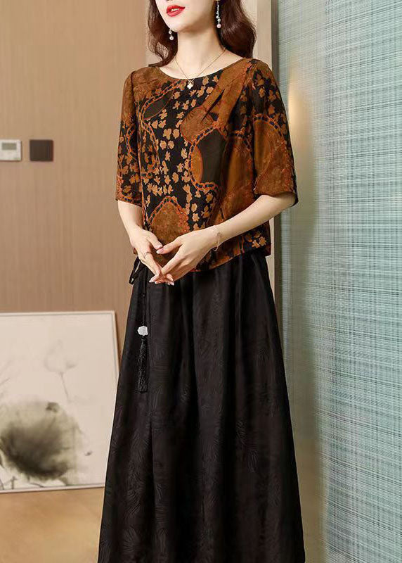Chocolate O-neck Print Silk Tops and Skirts Two Pieces Set Summer