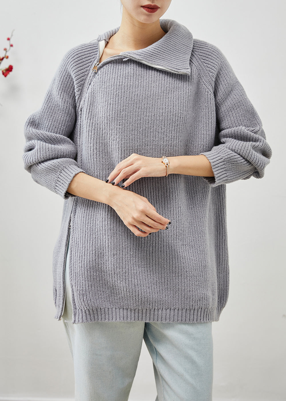 Grey Asymmetrical Zip Up Thick Knit Sweater Tops Winter