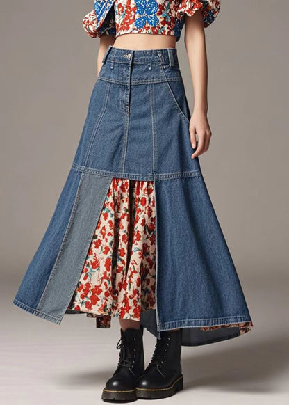 Navy High Waist Patchwork Denim a Line Skirts Spring