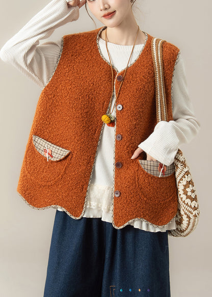 Natural Orange O-neck Asymmetrical Faux Fur Waistcoat and Top Two Pieces Set Winter