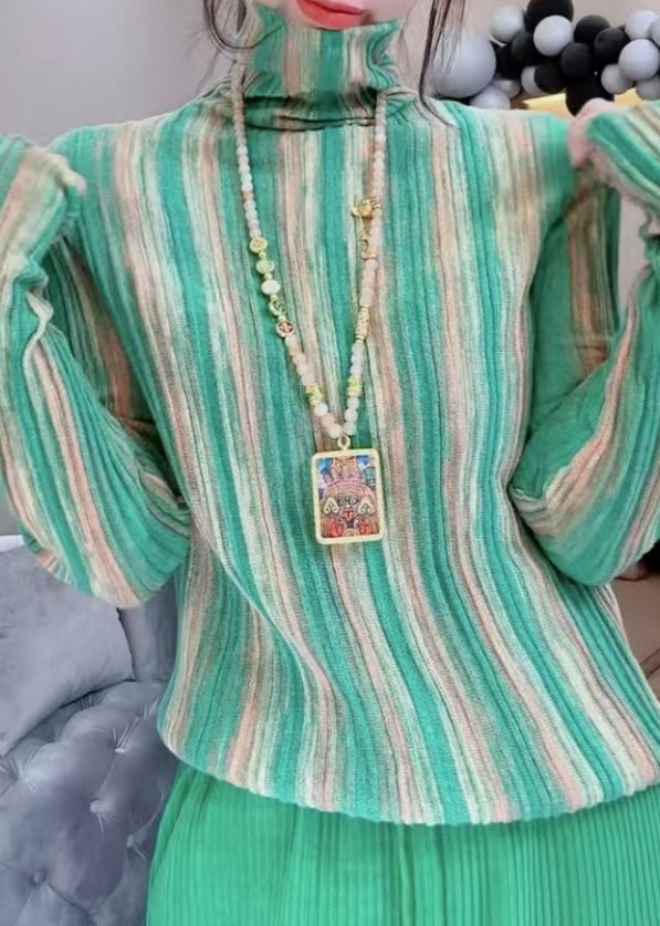 Green Hign Neck Striped Knit Blouse Tops Spring