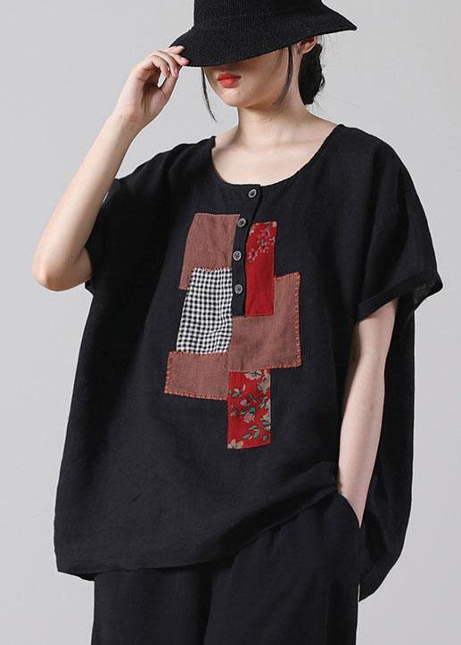 Black Patchwork Shirt Short Sleeve Cotton Linen