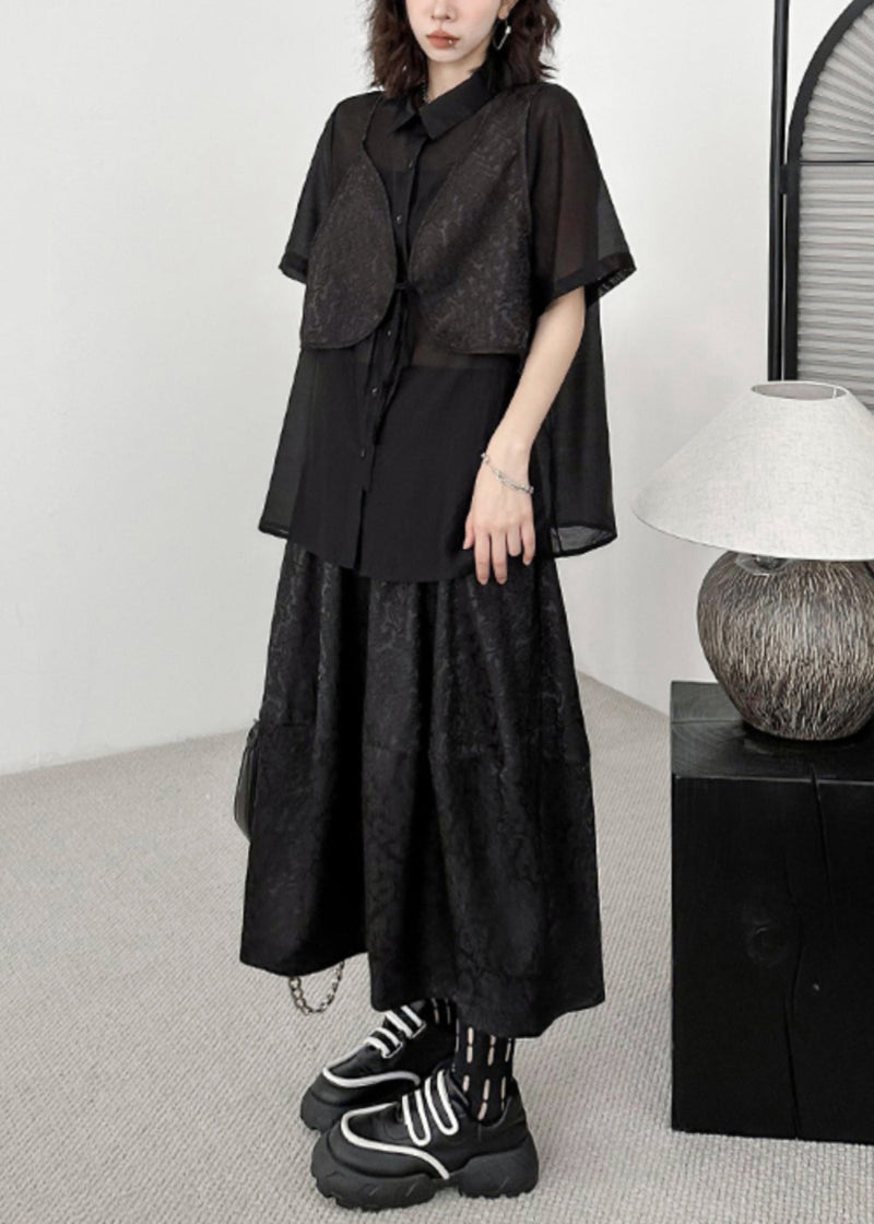 Black Jacquard Lace Up Patchwork Silk Cotton Two Piece Set Summer
